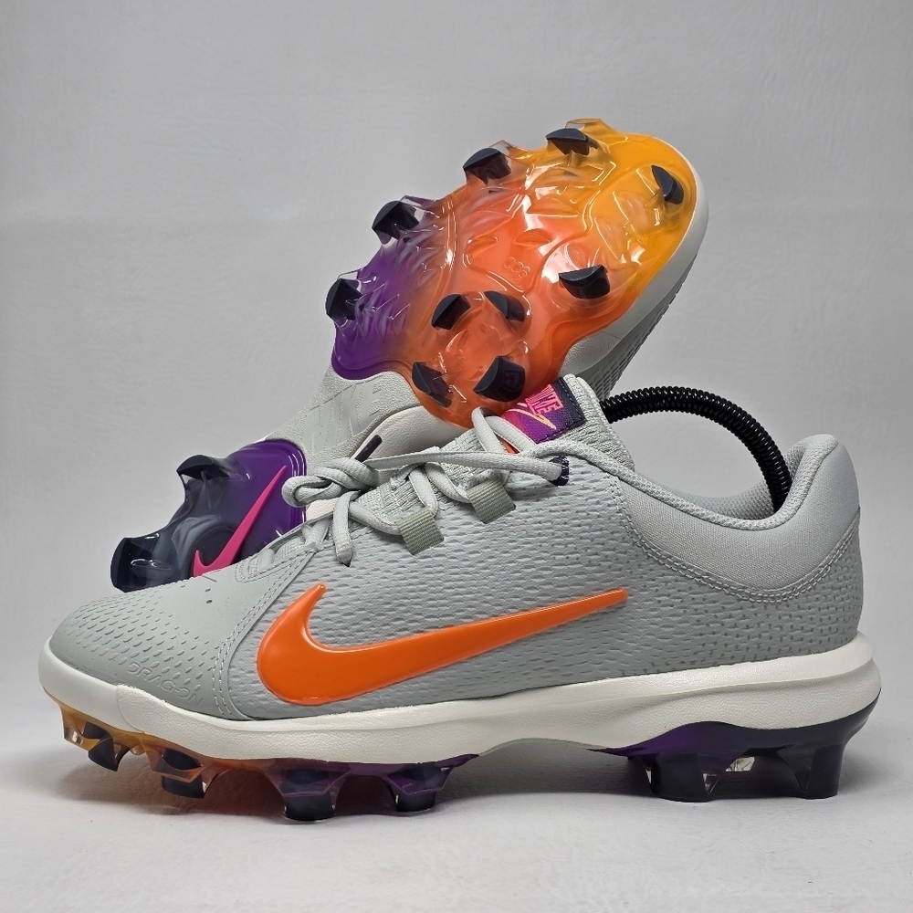 Nike Women's Grey Athletic Cleats with Orange Swoosh and Purple-Orange Sole